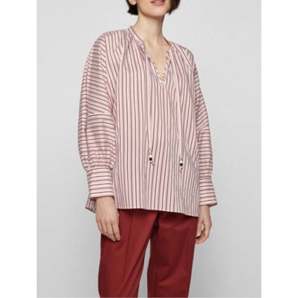 NWOT Hugo Boss Bateco Striped Long Sleeve Tie Front Oversized Tunic Shirt Sz 10 - Picture 2 of 16